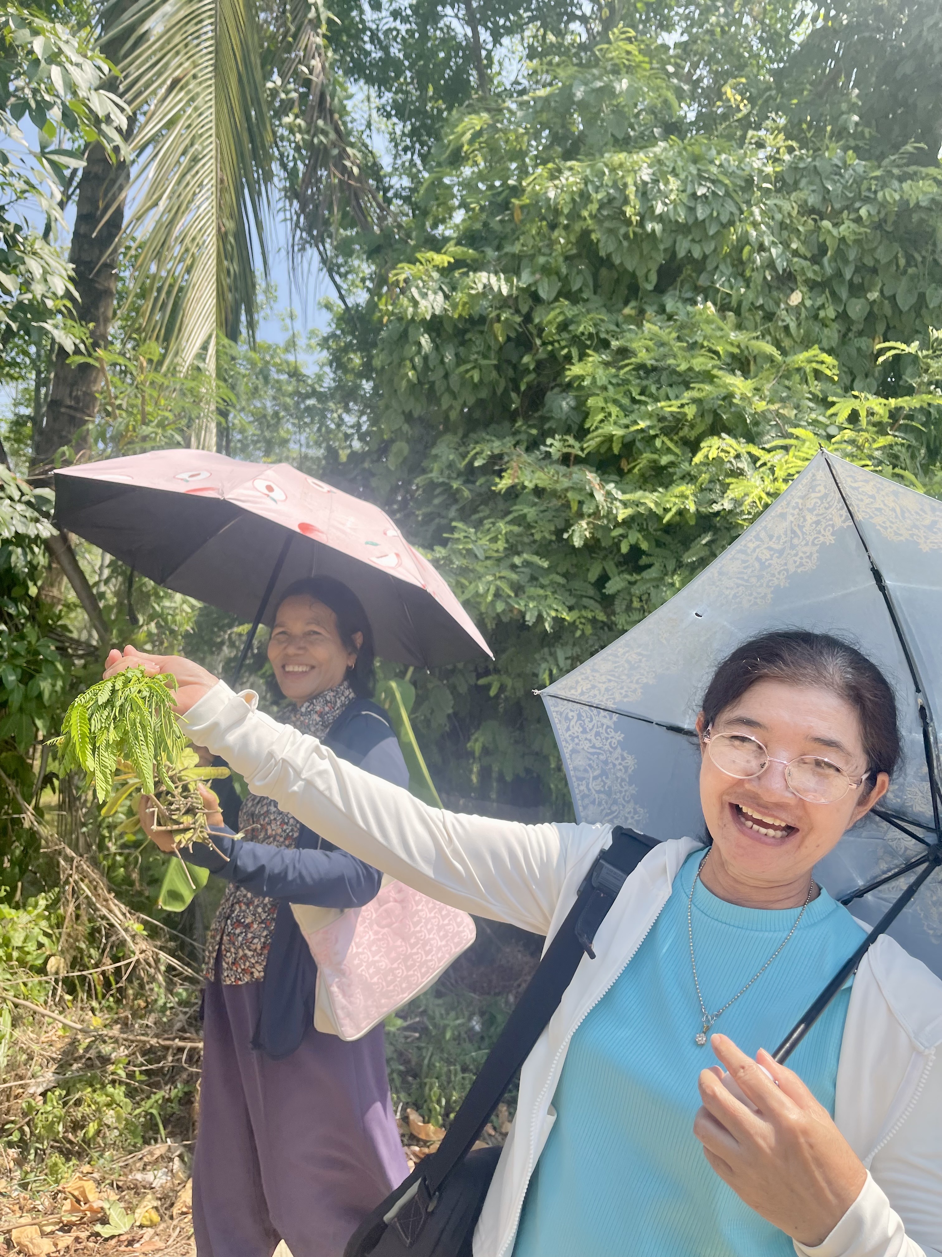 Friends happily gathering fresh greens beside a country road