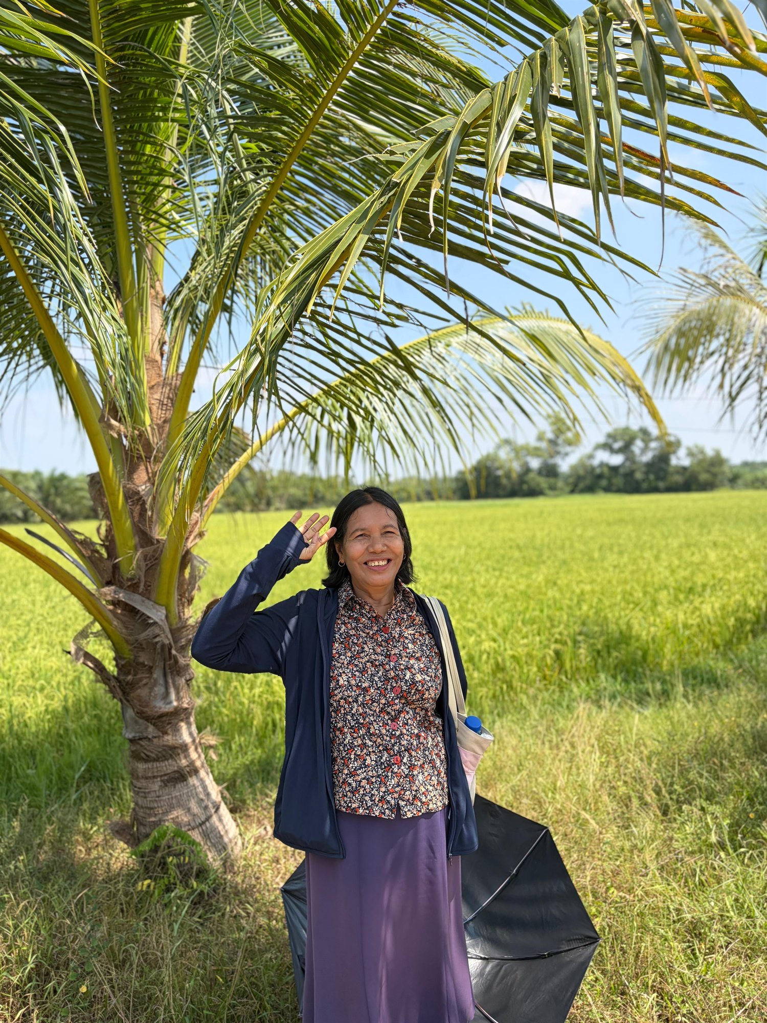 A congregation friend smiling beneath a palm beside a green rice field