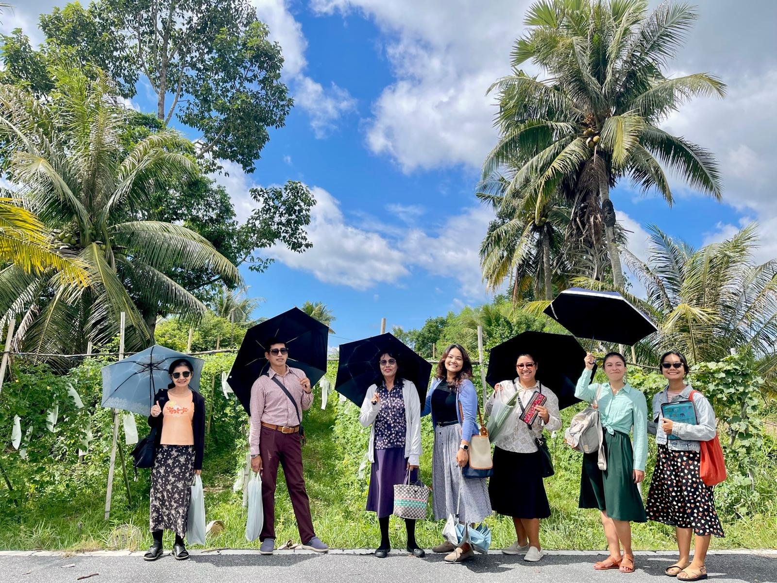Friends pausing beneath umbrellas on a sunny country road