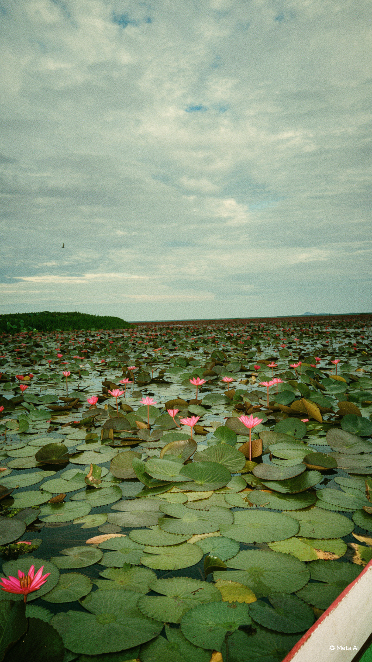 Pink lotus flowers stretching across the water at Thale Noi