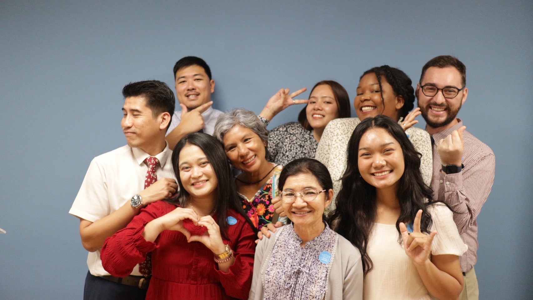 Congregation friends sharing a playful group portrait