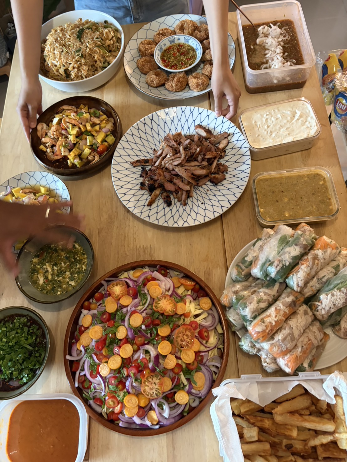 Colorful homemade food prepared for a shared meal